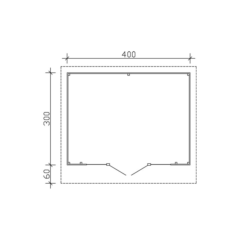 Technische Zeichnung des Gewächshauses Ostende 2 mit den Maßen 400 x 300 cm.