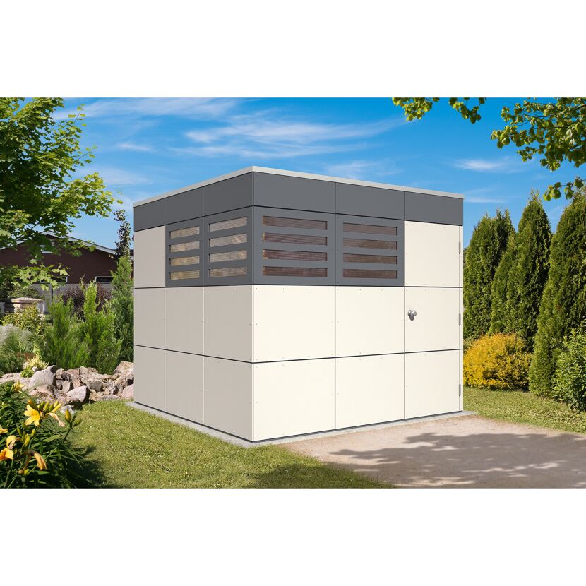 Gerätehaus cremefarben mit grauem Dach