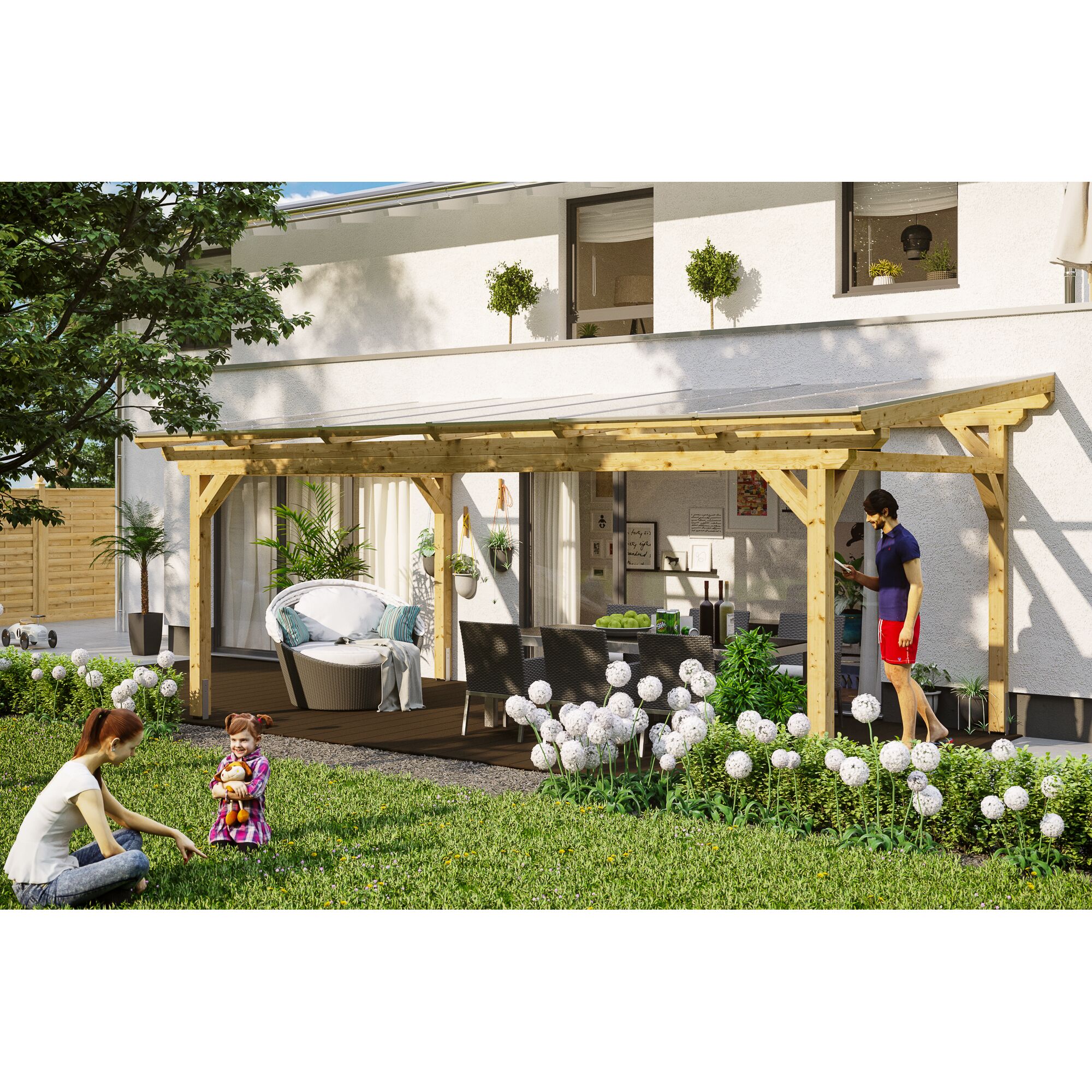 Holzterrassenüberdachung Sanremo mit durchsichtigem Dach