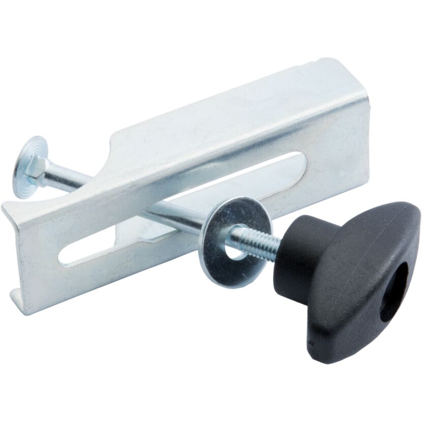 Metallhalterung mit Schraube und schwarzem Drehknopf