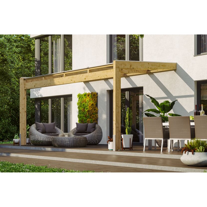 Holzterrassenüberdachung mit Sitzmöbeln