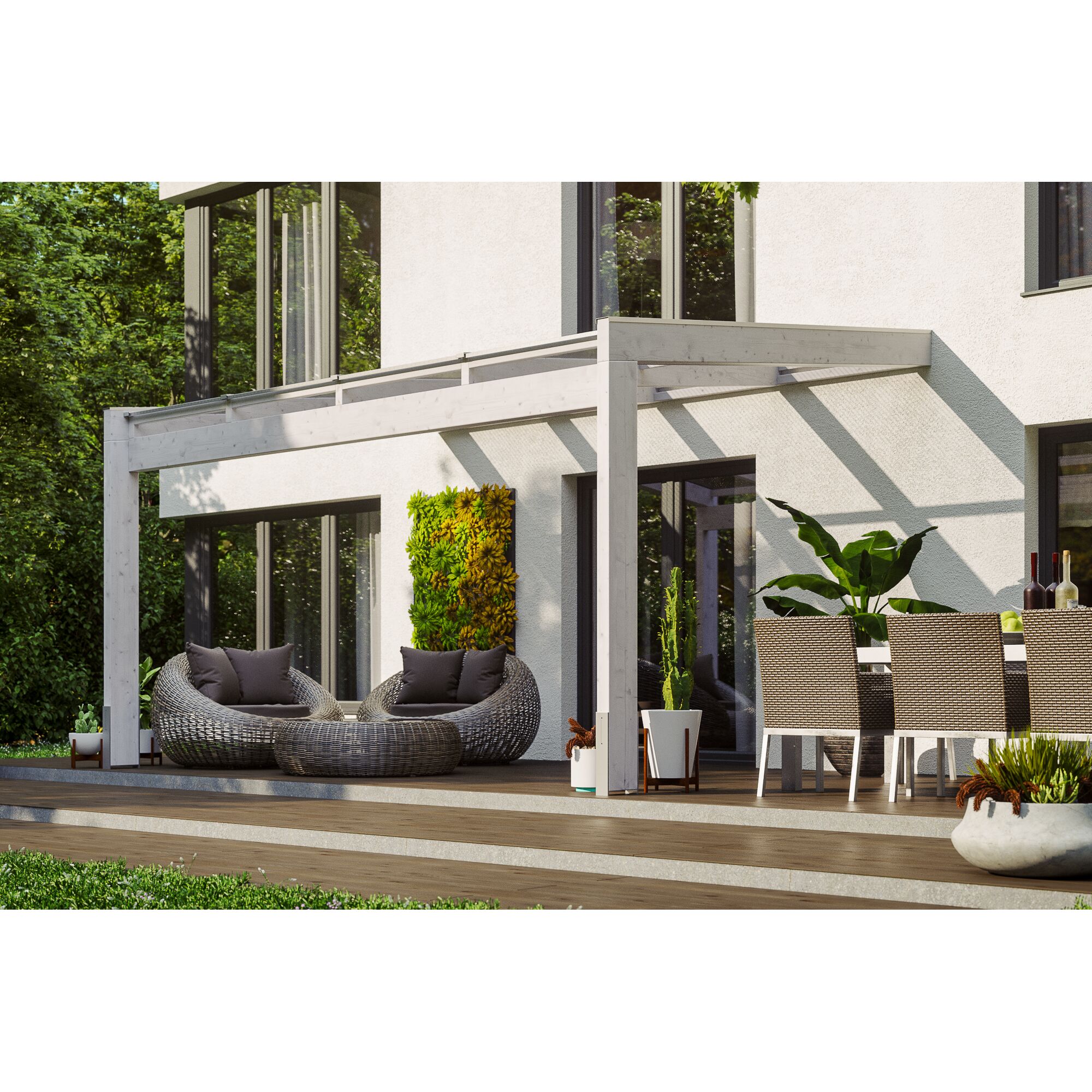 Weiße Terrassenüberdachung mit Gartenmöbeln