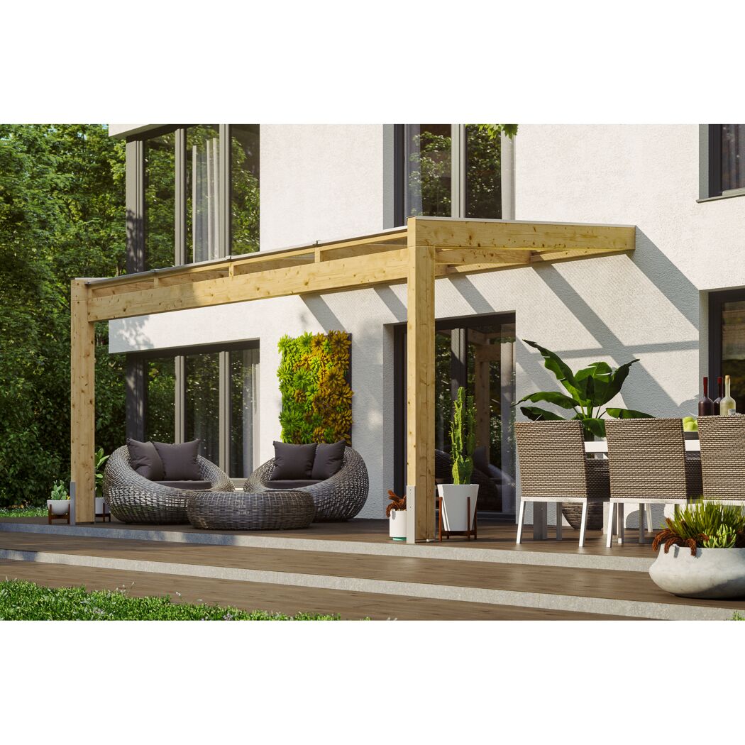 Holzterrassenüberdachung mit Gartenmöbeln