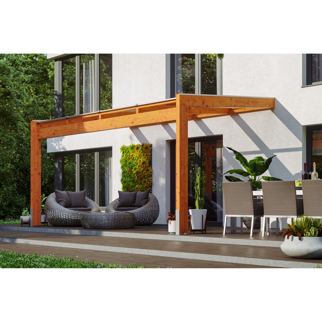 Holzterrassenüberdachung mit Sitzmöbeln und Essgruppe