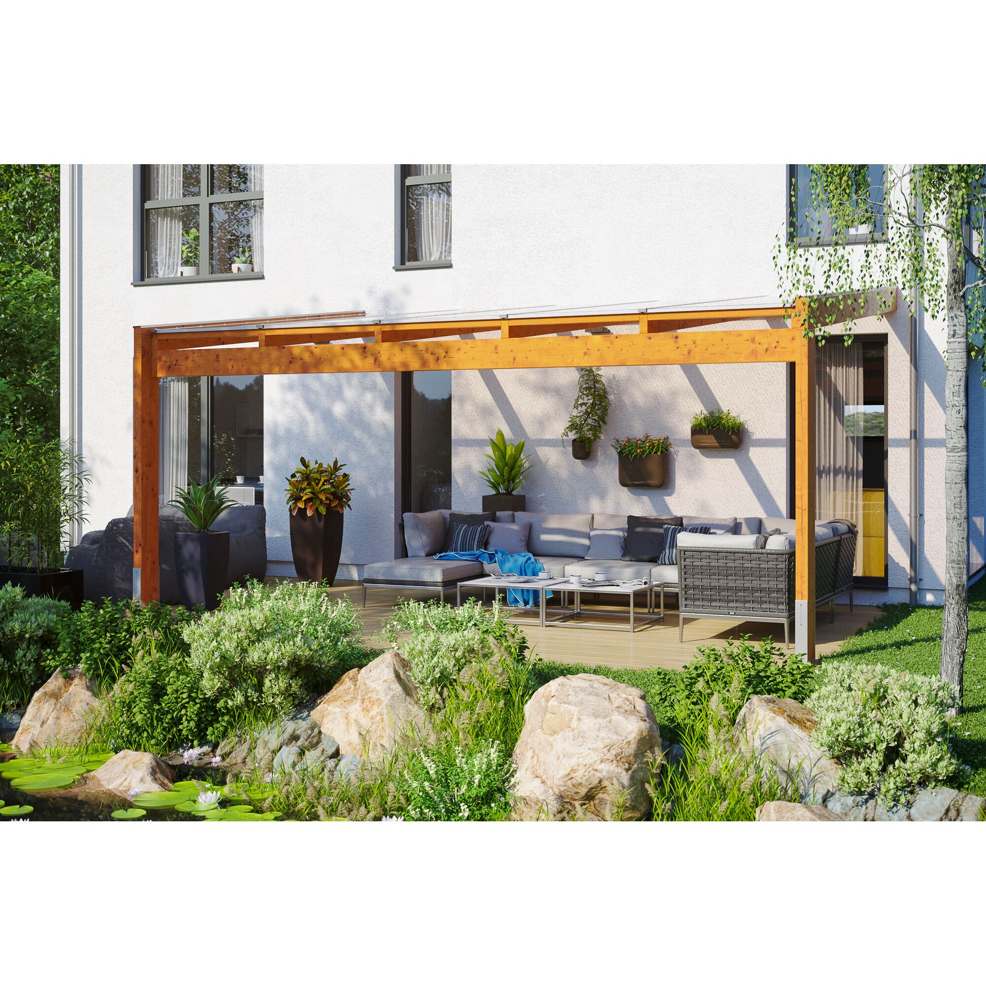 Holzterrassenüberdachung mit Sitzmöbeln und angrenzendem Teich
