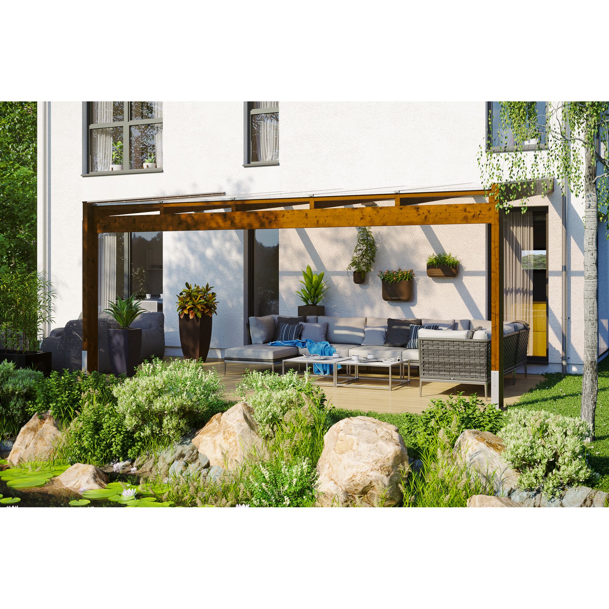 Holzterrassenüberdachung mit Gartenmöbeln und Teich