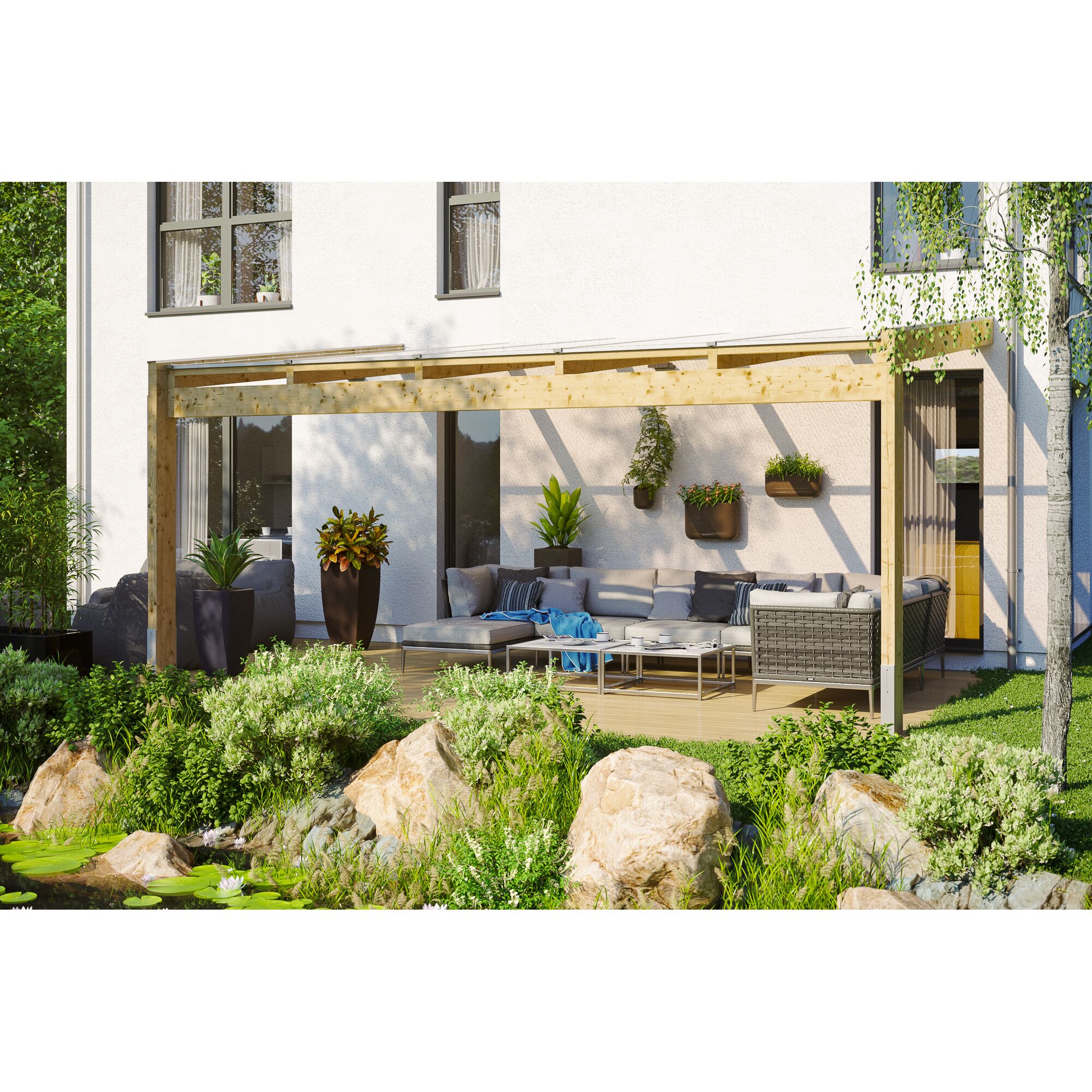 Holzterrassenüberdachung mit Gartenmöbeln und Teich