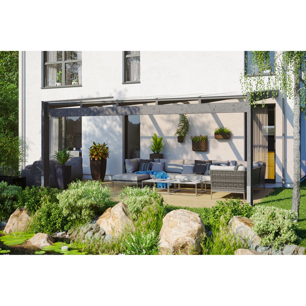 Terrassenüberdachung 'Novara' 557 x 359 cm Leimholz Doppelstegplatten schiefergrau