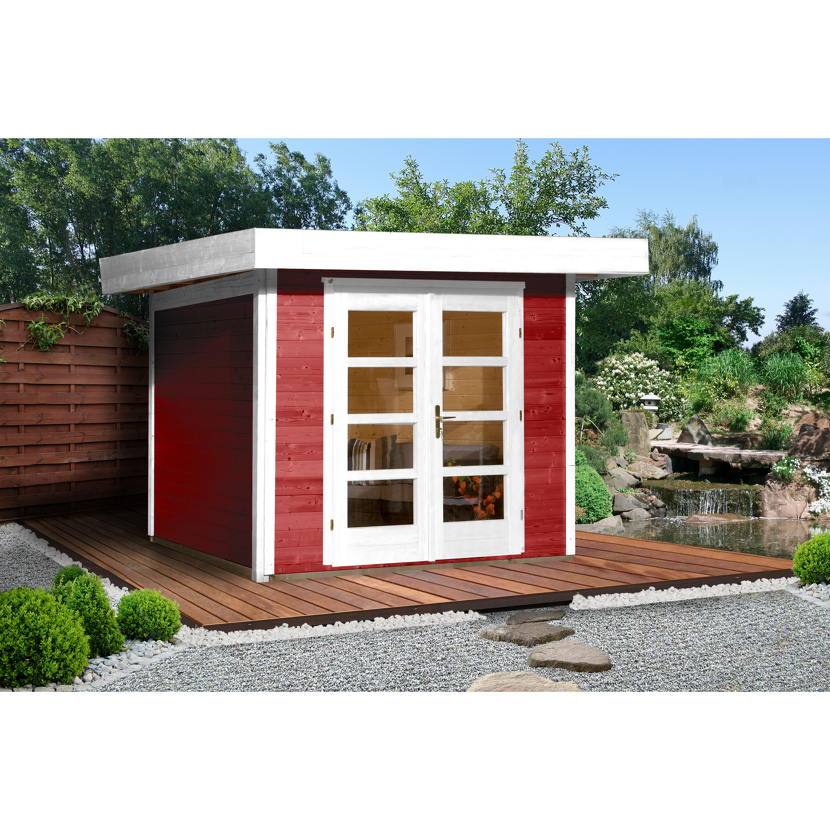 Modernes Gartenhaus in rot mit weißen Türen und Fenstern