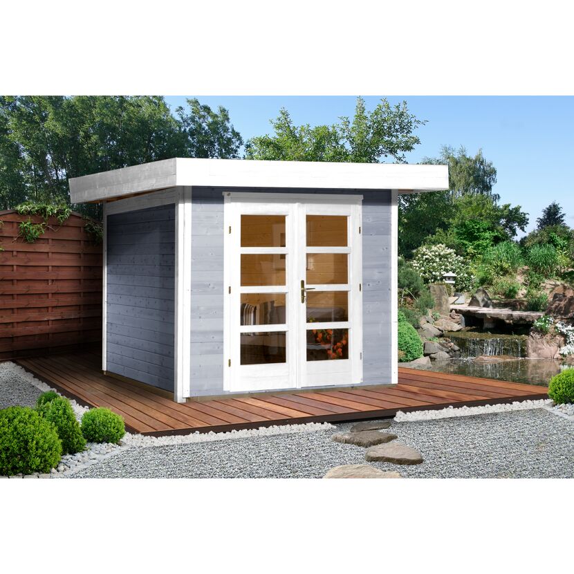 Modernes Gartenhaus in Grau mit weißen Türen