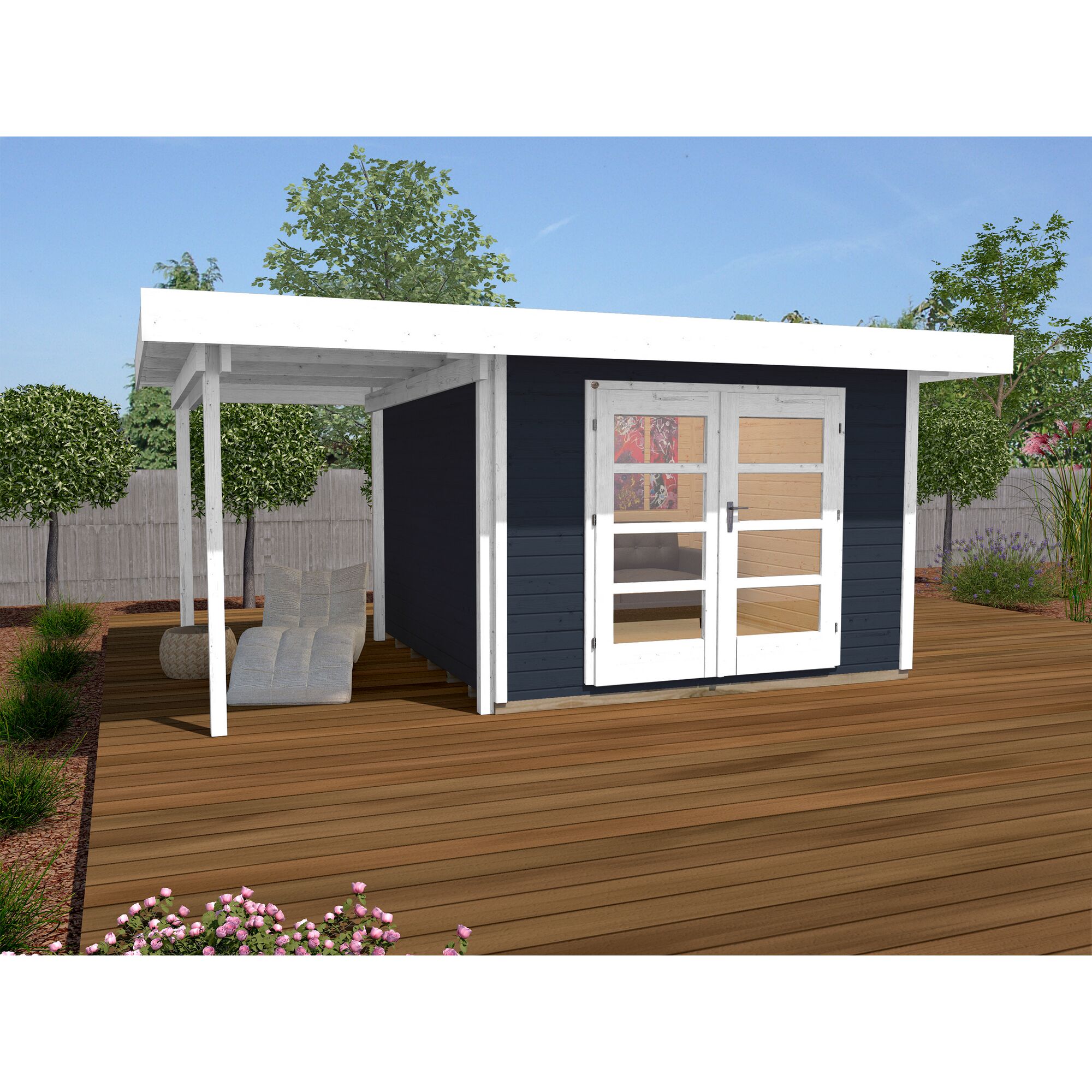Modernes Gartenhaus mit überdachter Terrasse und Sitzgelegenheit