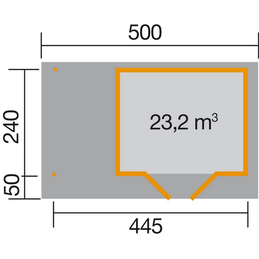 Skizze Gerätehaus mit den Maßen 240 x 500 x 445 cm und 23,2 m³ Volumen