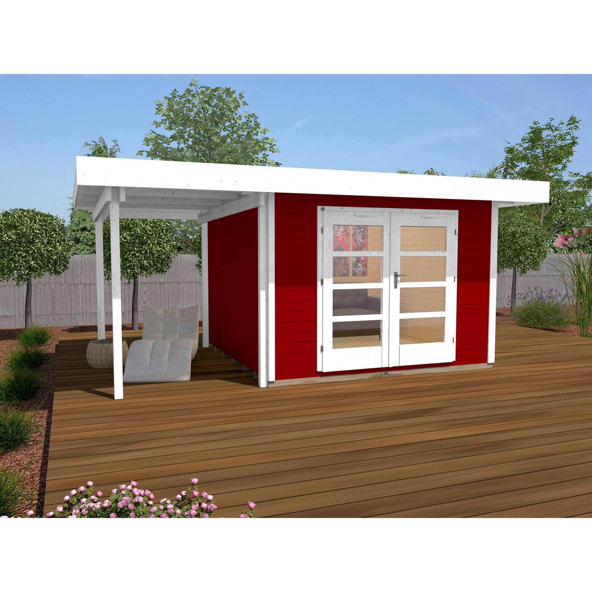 Rotes Gartenhaus mit überdachter Terrasse und Sitzgelegenheit