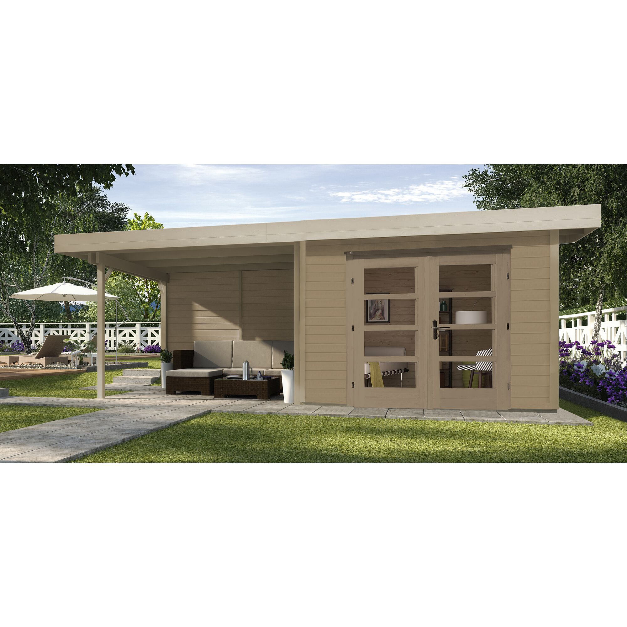Beiges Gartenhaus mit überdachter Terrasse