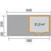 Abmessungen des Designhauses 126Plus: 645 x 590 cm, 31,0 m³
