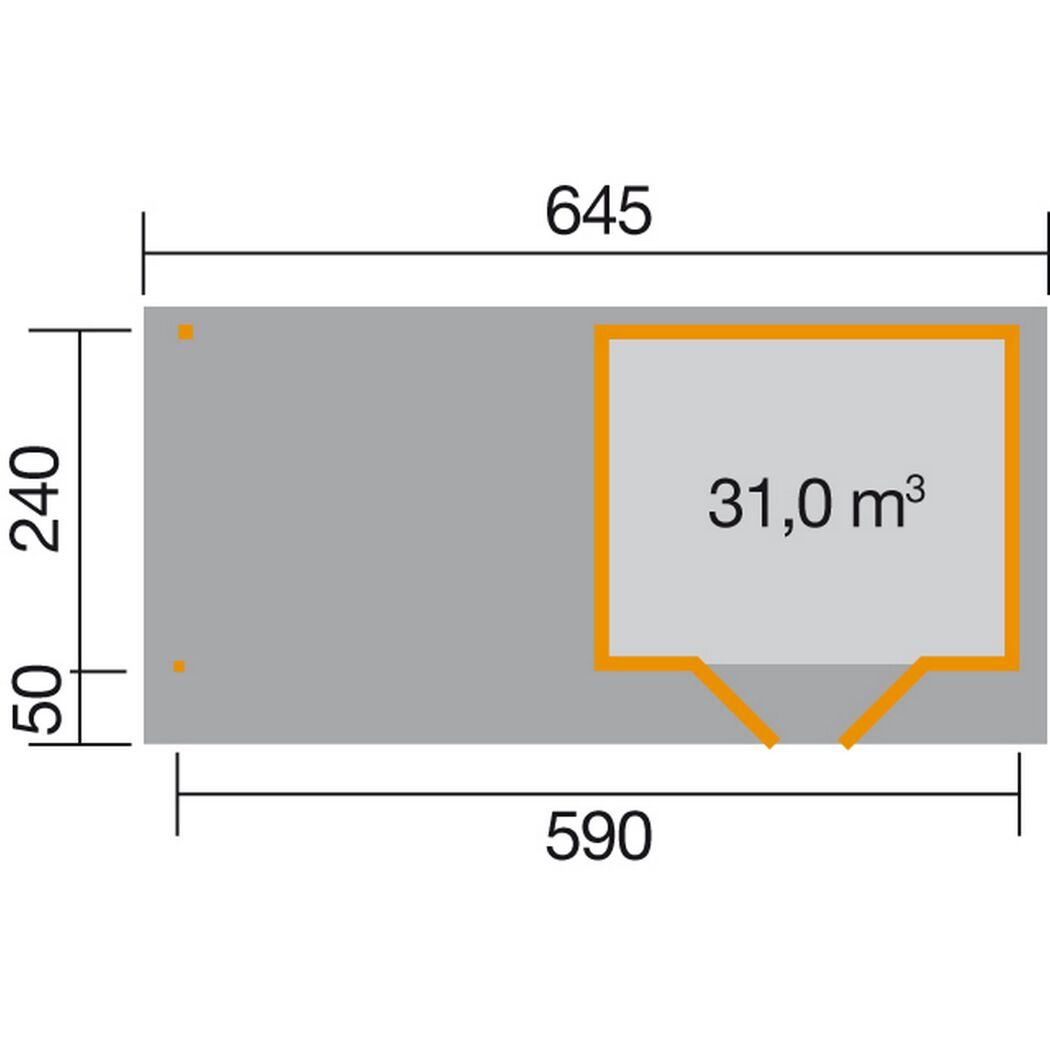 Abmessungen des Designhauses 126Plus: 645 x 590 cm, 31,0 m³
