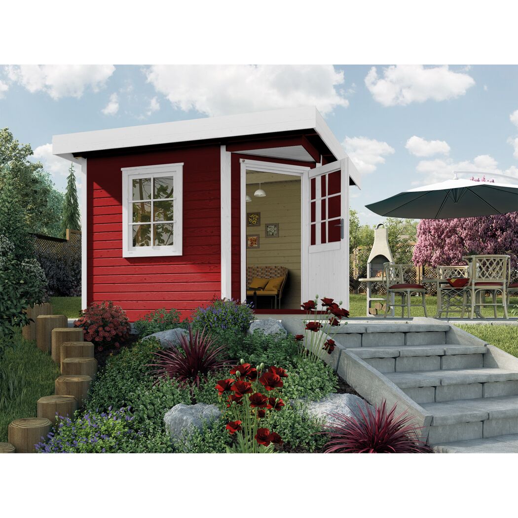 Rotes Gartenhaus mit weißen Türen und Fenstern