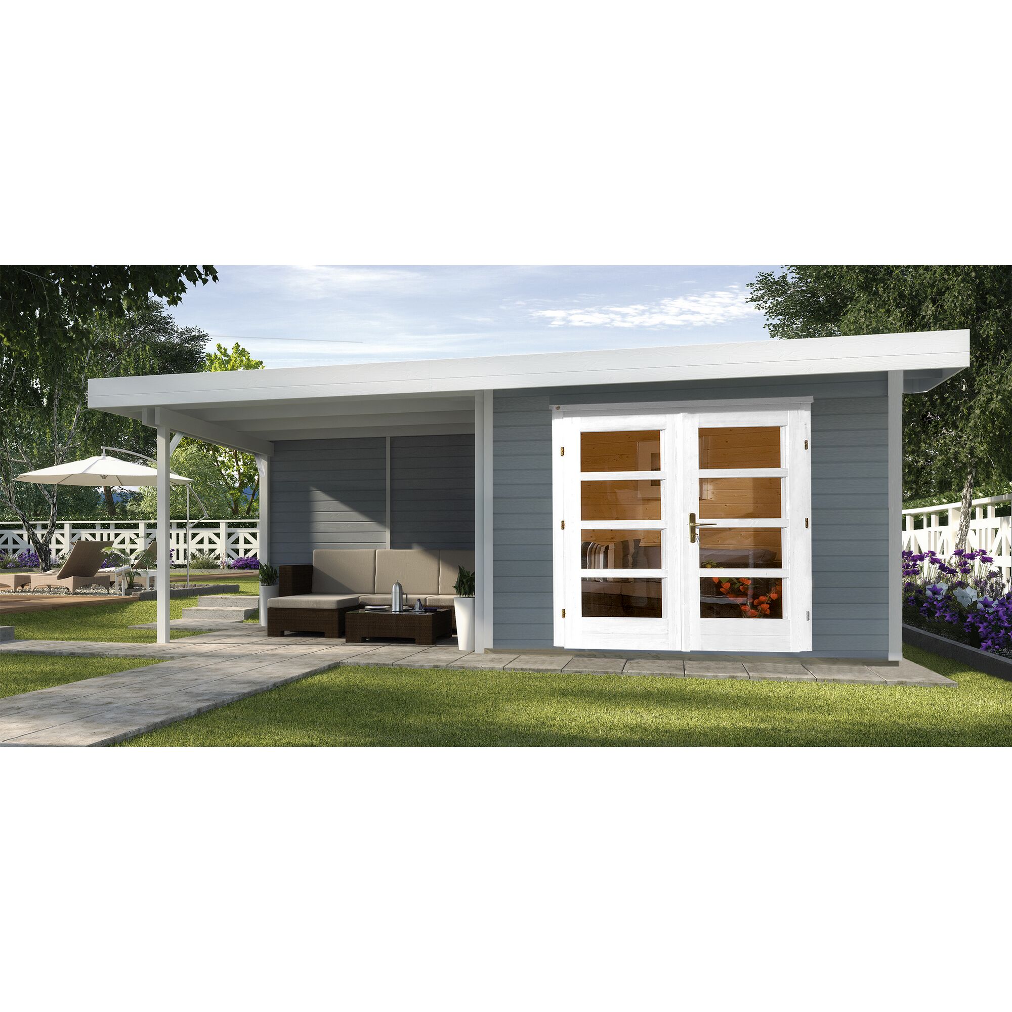 Gartenhaus grau mit weißer Tür und Vordach