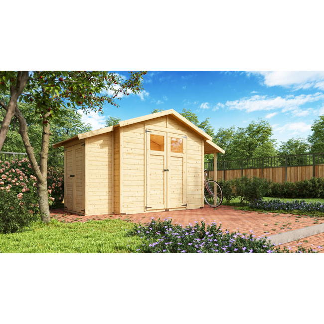 Bild von Gartenhaus 'Bologna' mit Anbauschrank, Schleppdach, Schindeln, Boden 177 x 242 x 231 cm