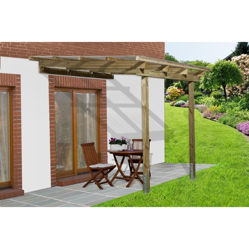 Holzterrassenüberdachung mit Tisch und Stühlen
