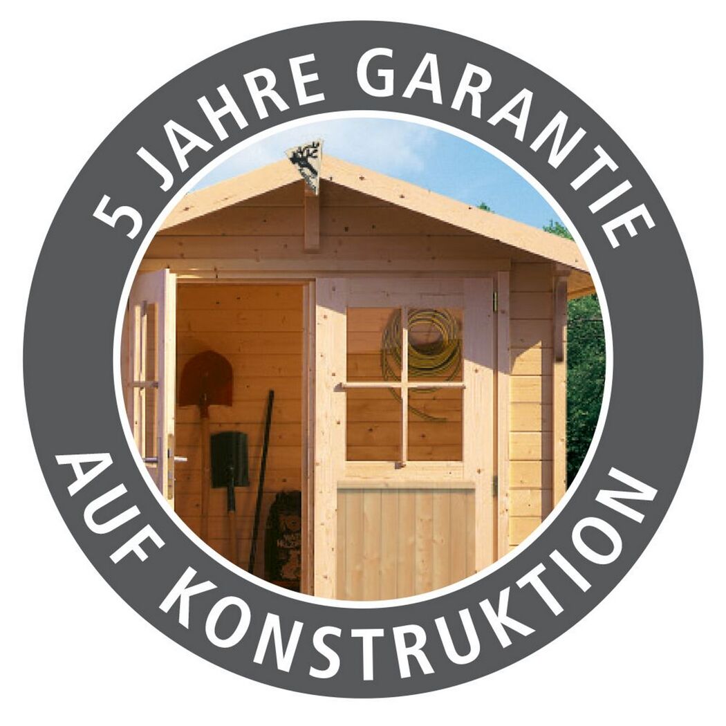 Gartenhaus Schierke 4 natur mit offener Tür und Gartengeräten