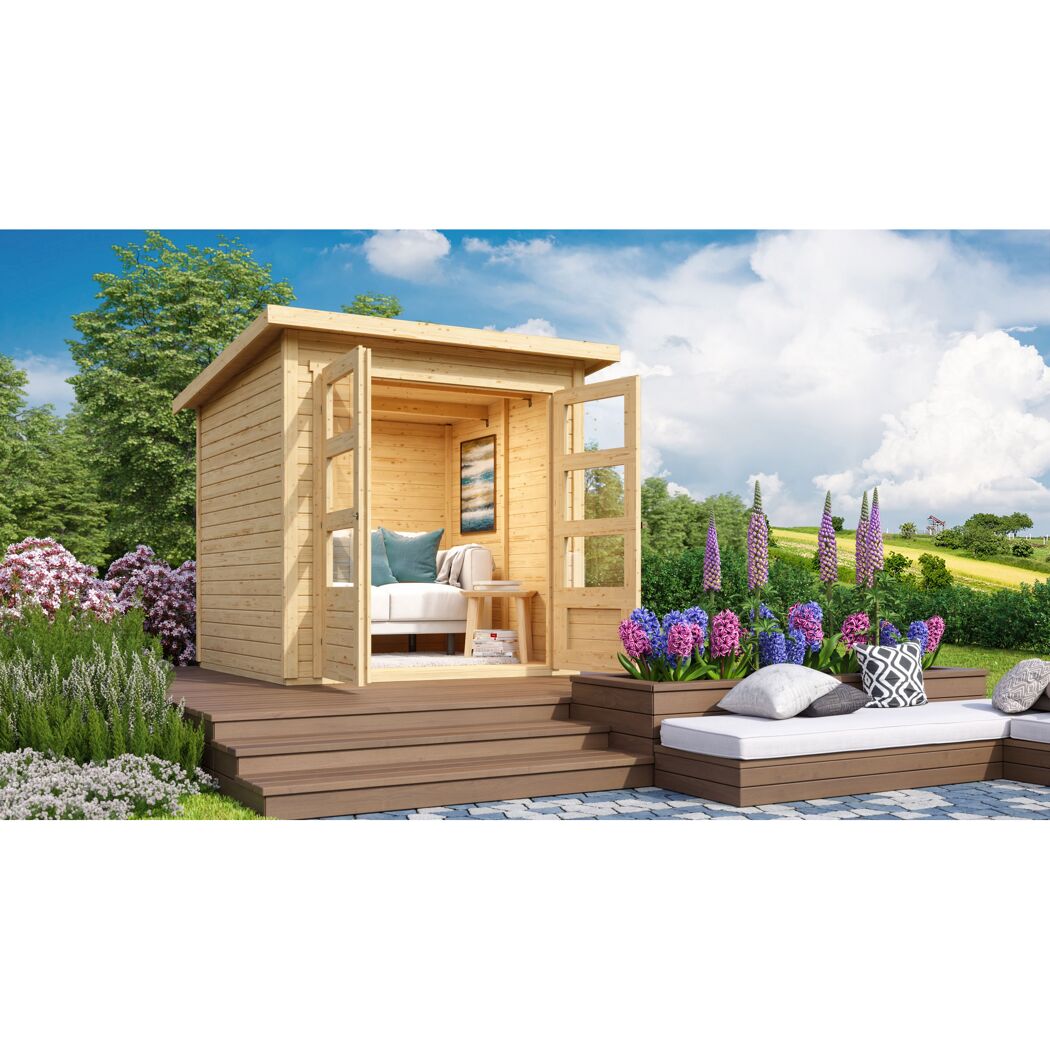 Gartenhaus Schönfeld 2 mit Sofa, Bücherregal und geöffneten Türen