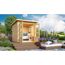 Gartenhaus Schönfeld 2 mit Sofa, Bücherregal und geöffneten Türen