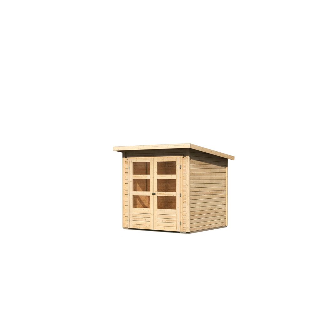Kleines Gartenhaus aus hellem Holz mit Doppeltür und Fenstern.