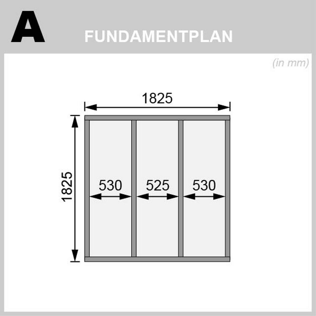 Fundamentplan mit Maßen in Millimetern.