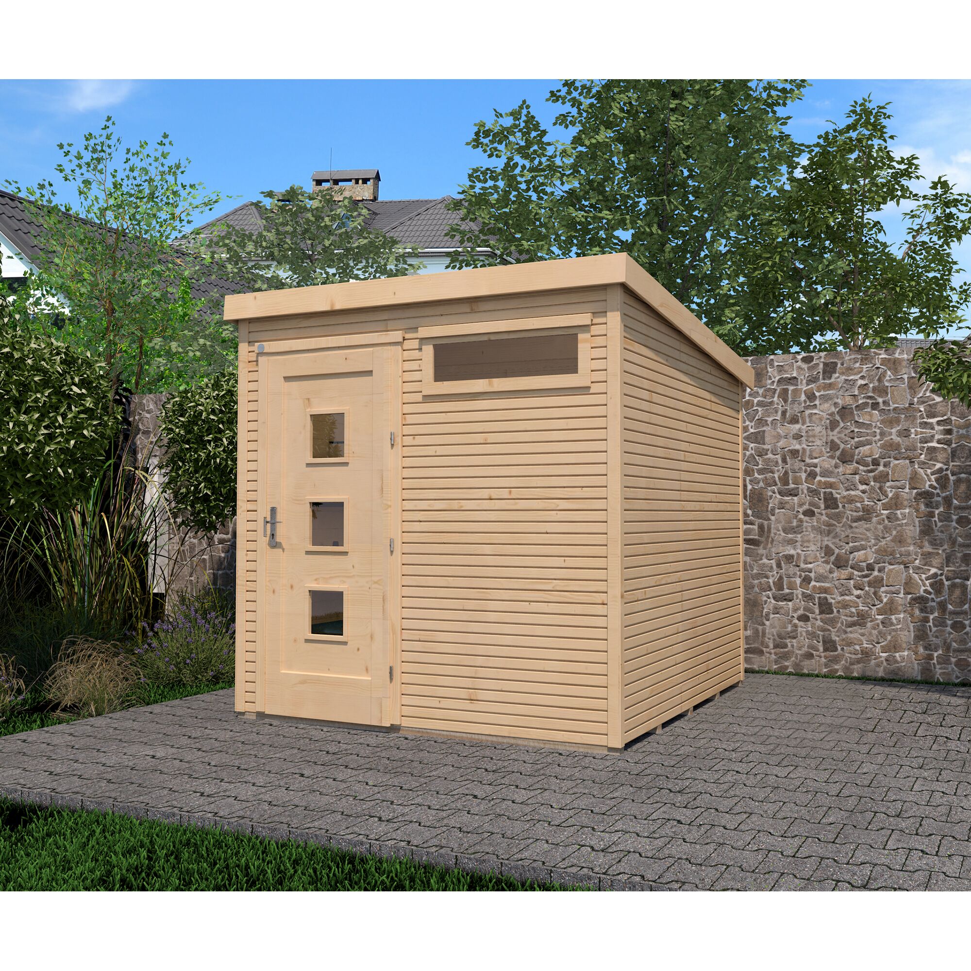 Kleines Gartenhaus aus Holz mit Tür und kleinem Fenster.