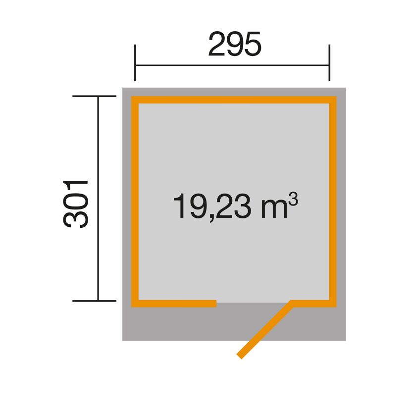 Abmessungen des Gartenhauses: 295 x 301 cm, 19,23 m³