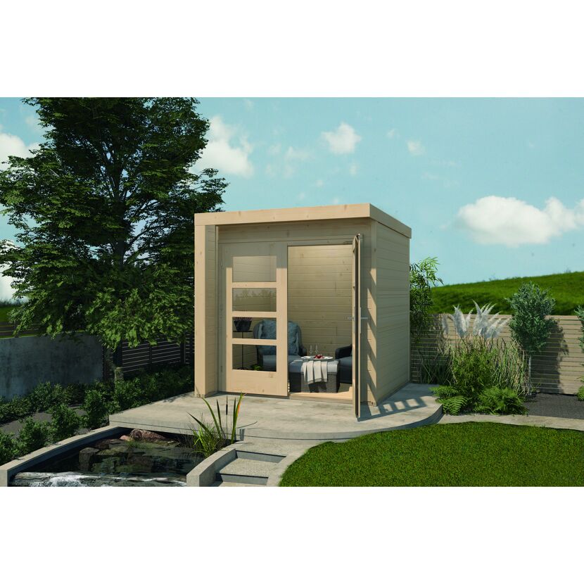 Kleines Gartenhaus aus Holz mit offener Tür