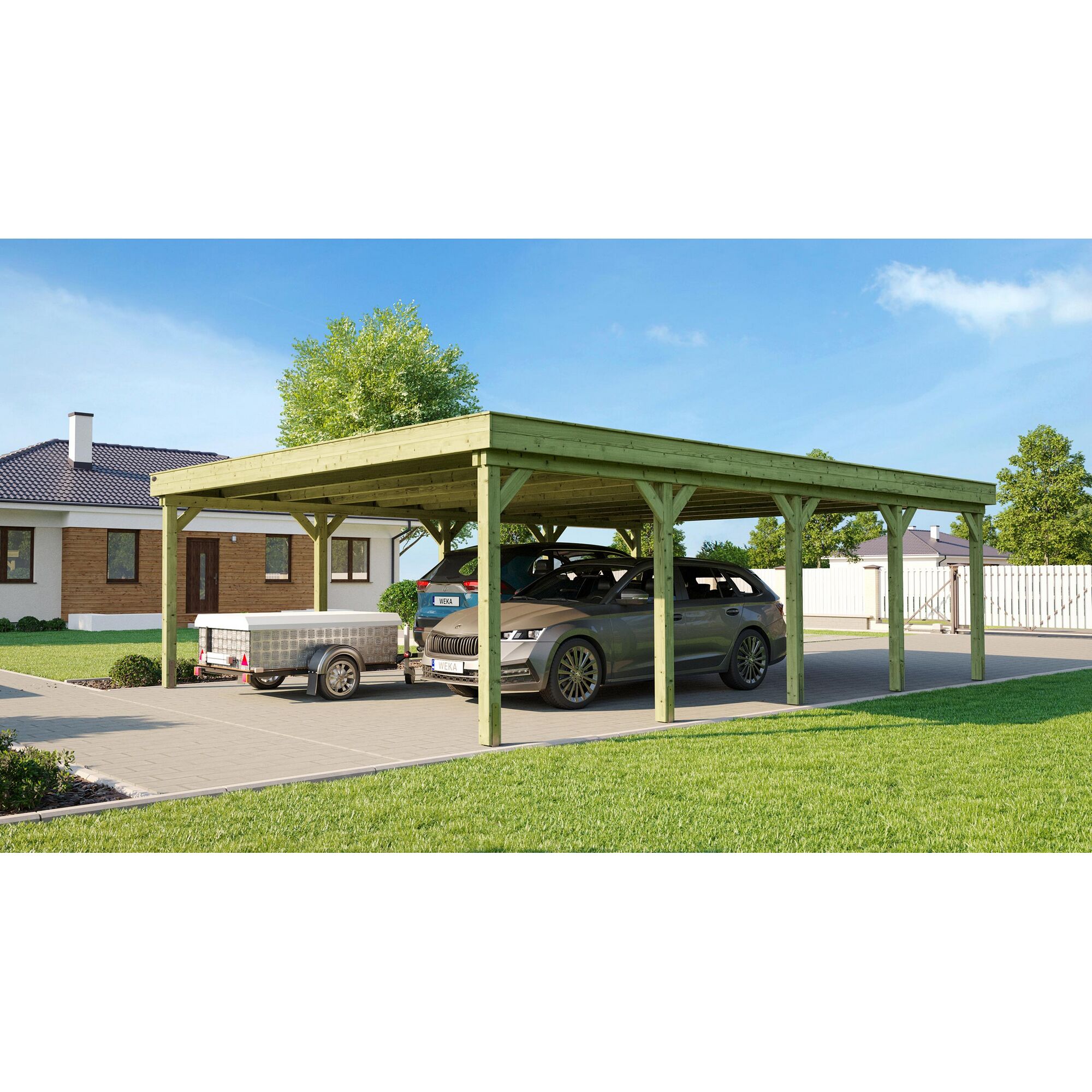 Doppelcarport aus Holz mit Auto und Anhänger