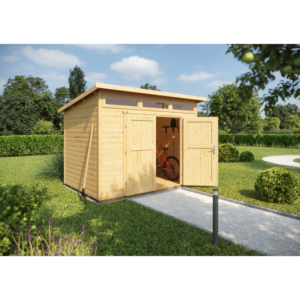 Gerätehaus weka 264 mit Fahrrad und Gartengeräten