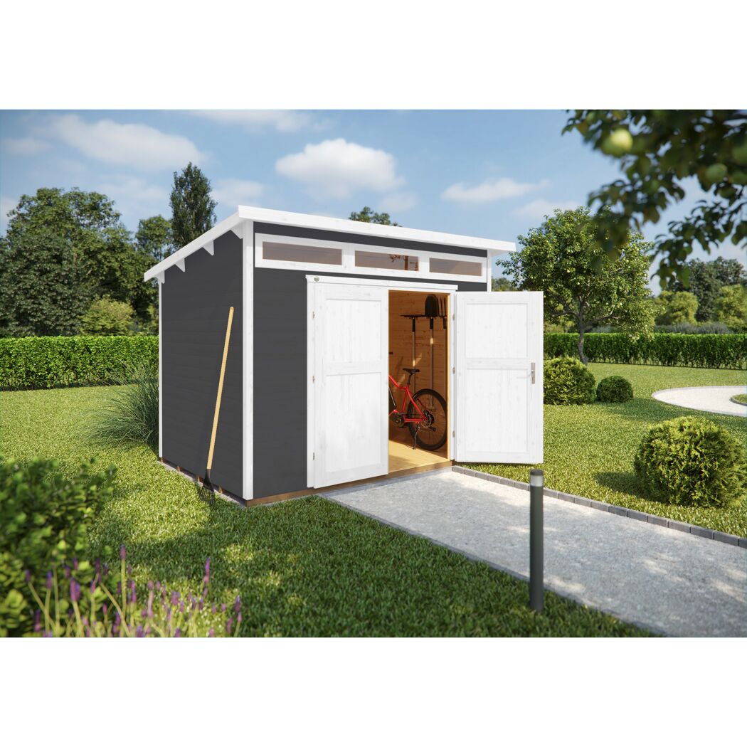 Graues Gartenhaus weka 264 mit geöffneten Türen, Fahrrad und Gartengeräten