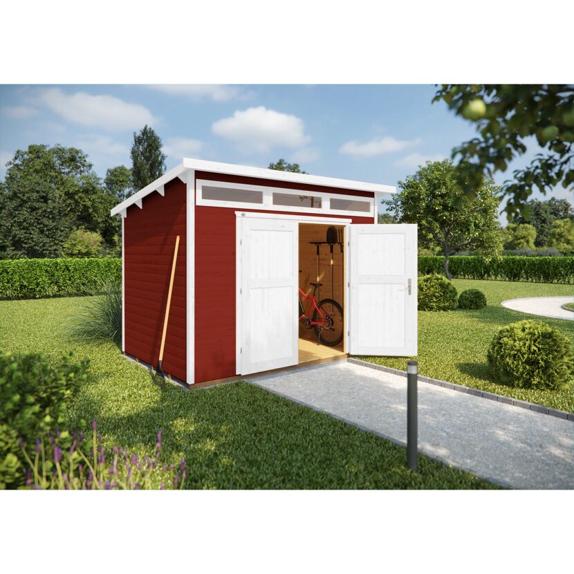 Rotes Gartenhaus mit weißen Türen und geöffneten Türen, ein Fahrrad steht im Inneren.