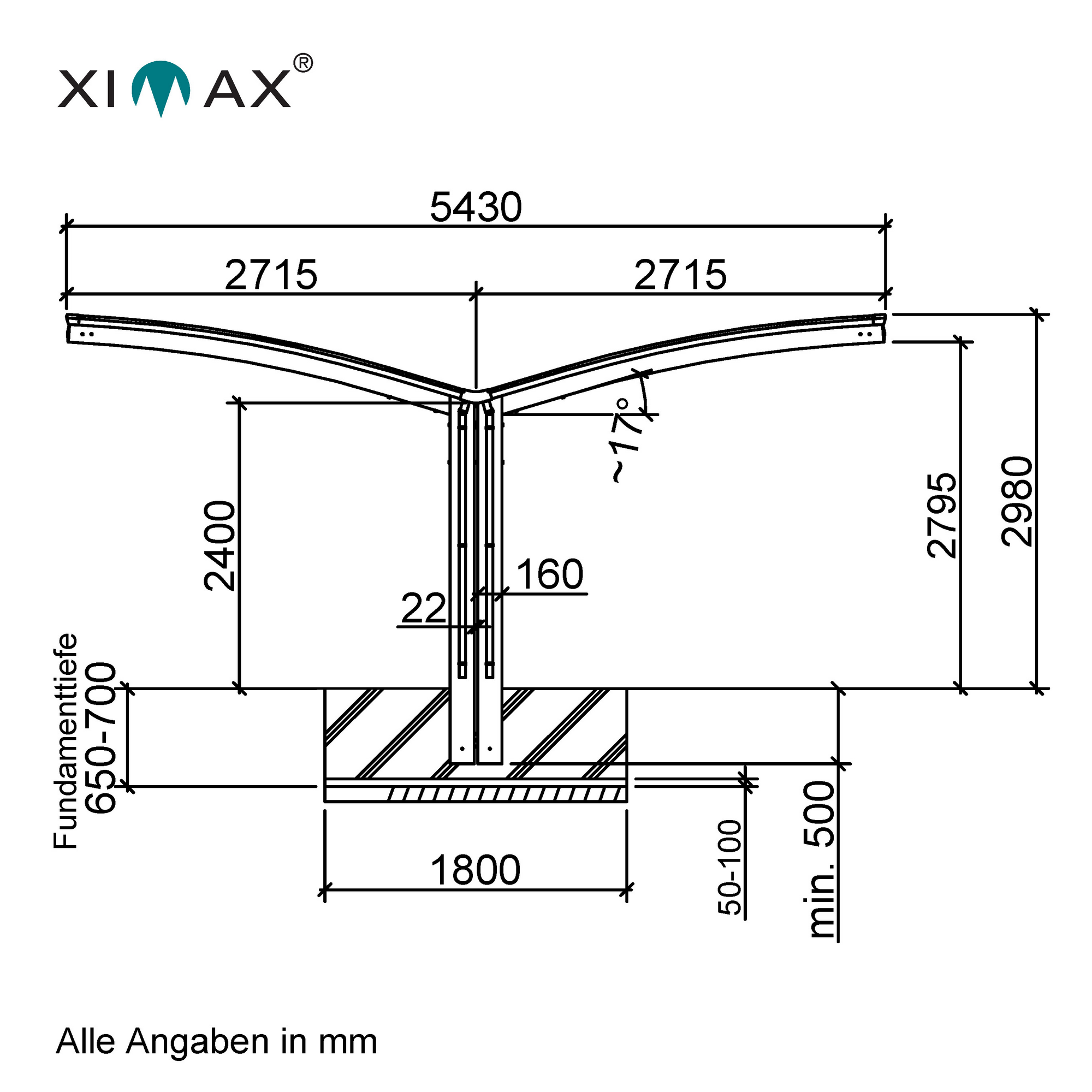 Doppelcarport 'Portoforte Typ 80 Y-Ausführung' Aluminium edelstahlfarben 543 x 495 x 298 cm