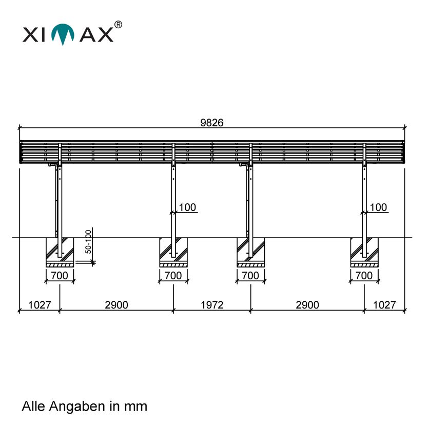Doppelcarport 'Linea Typ 80 Tandem' Aluminium edelstahlfarben 273 x 983 x 294 cm