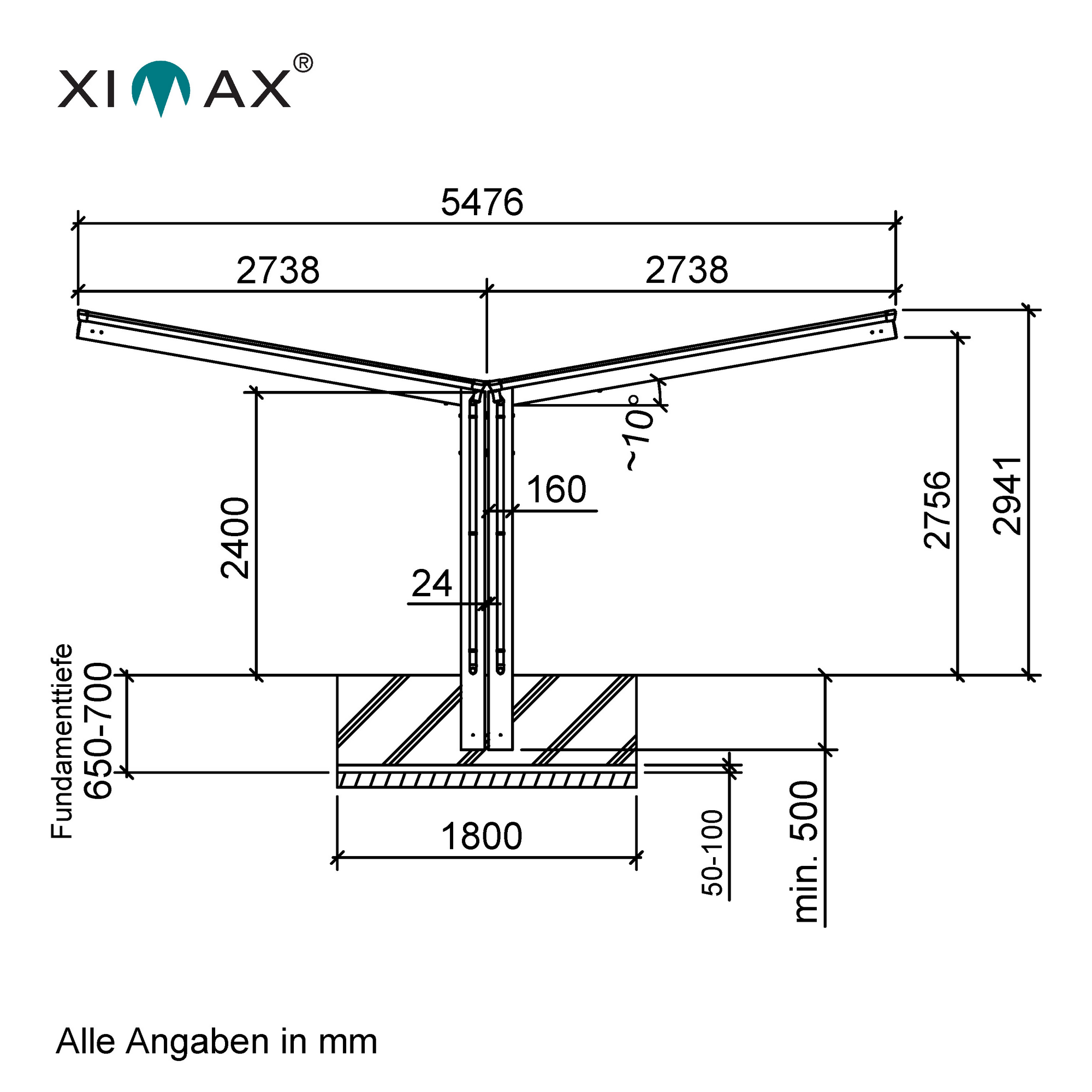Doppelcarport 'Linea Typ 80 Y-Ausführung' Aluminium edelstahlfarben 548 x 495 x 294 cm