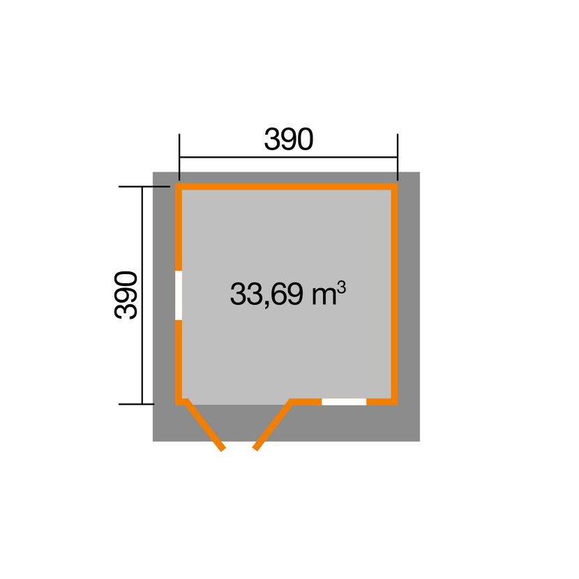 Skizze eines Gartenhauses mit 33,69 m³ Volumen.
