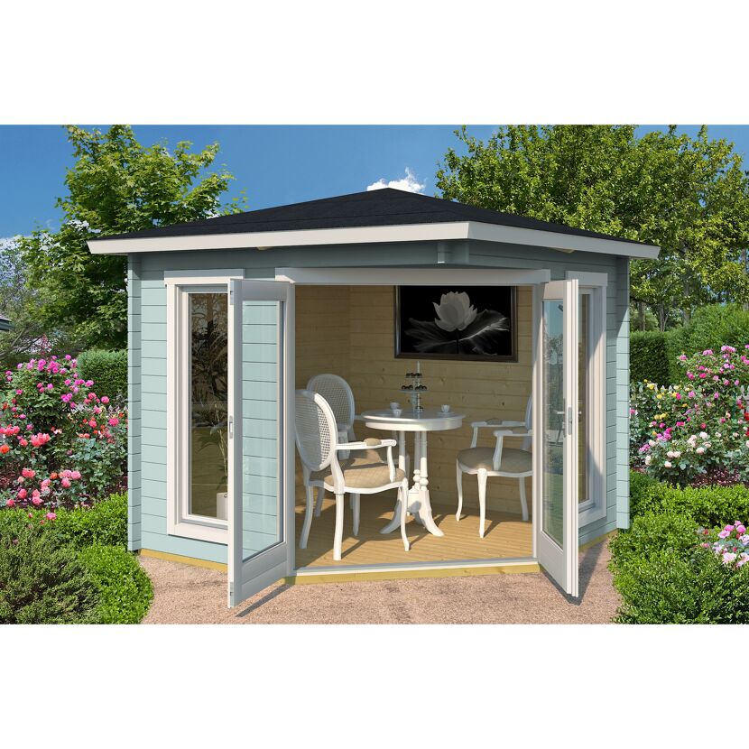 Türkiser Pavillon mit Sitzmöbeln und Dekoration