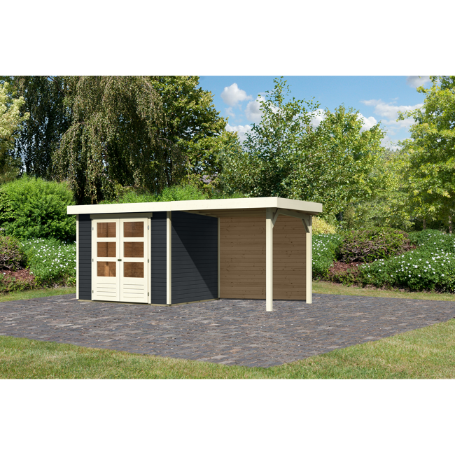 Bild von Gartenhaus-Set 'Dornhan 3' anthrazit mit Anbaudach und Rückwand 266 x 238 x 211 cm