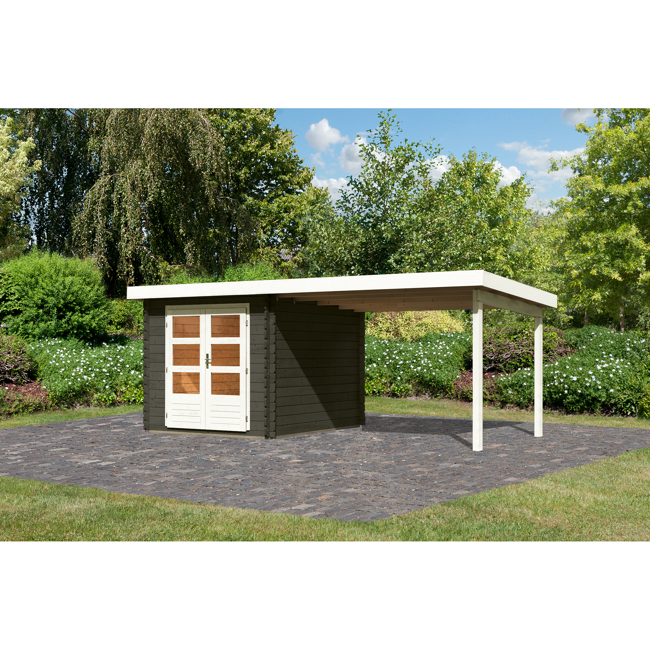 Bild von Gartenhaus-Set 'Rieneck 4' terragrau mit Anbaudach 255 x 333 x 222 cm