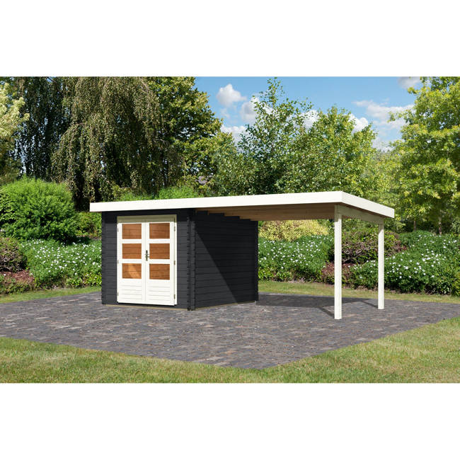 Bild von Gartenhaus-Set 'Rieneck 4' anthrazit mit Anbaudach 554 x 333 x 222 cm
