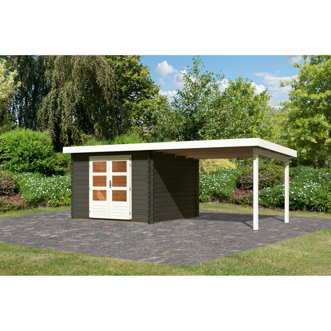 Bild von Gartenhaus-Set 'Rieneck 5' terragrau mit Anbaudach 315 x 333 x 222 cm