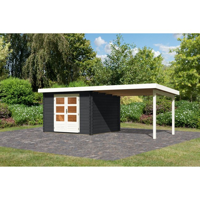 Bild von Gartenhaus-Set 'Rieneck 5' anthrazit mit Anbaudach 614 x 333 x 222 cm