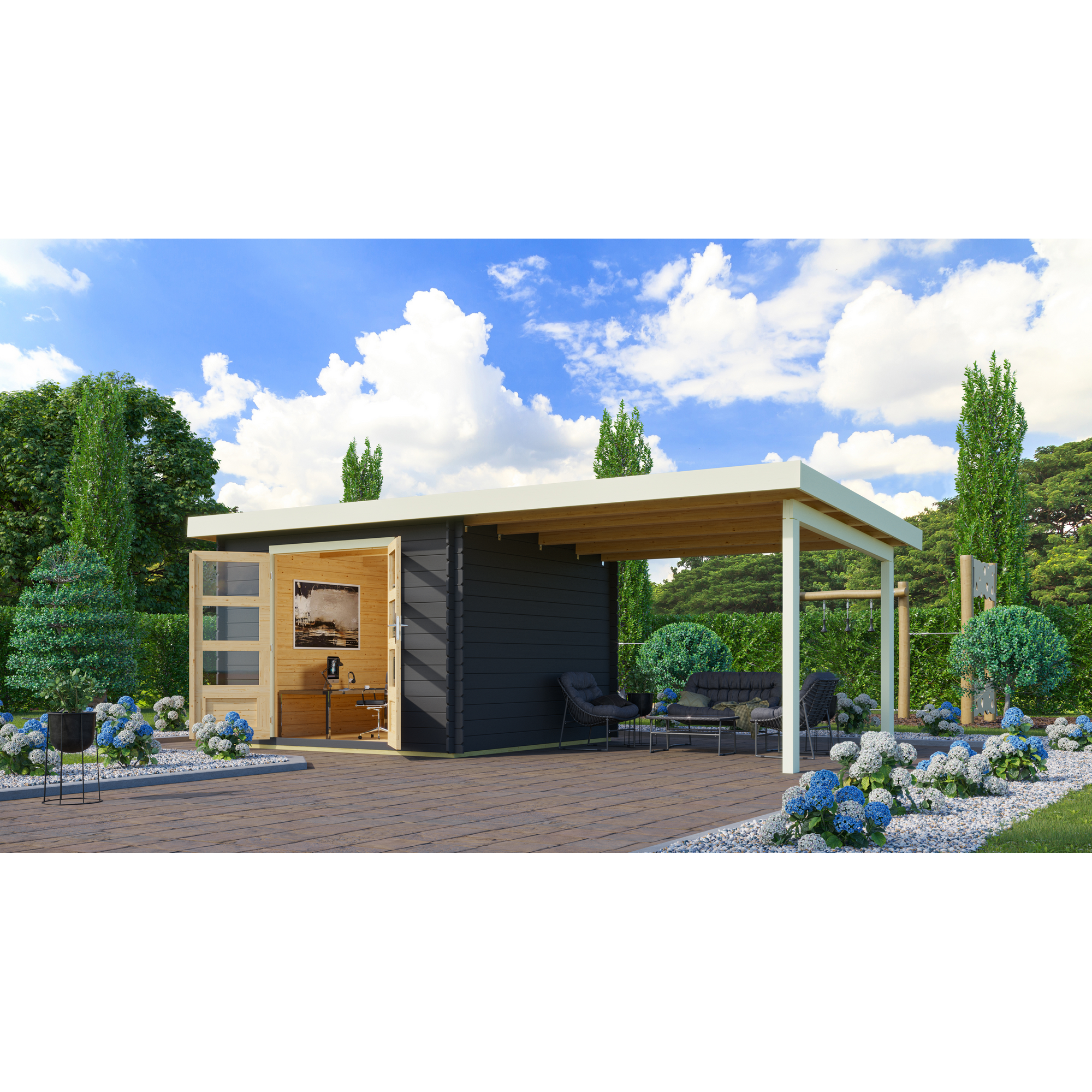 Gartenhaus-Set 'Rieneck 5' anthrazit mit Anbaudach 614 x 333 x 222 cm