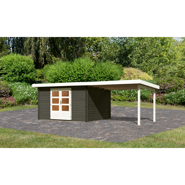 Bild von Gartenhaus-Set 'Rieneck 7' terragrau mit Anbaudach 674 x 333 x 222 cm