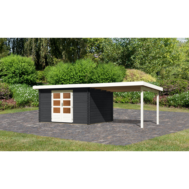 Bild von Gartenhaus-Set 'Rieneck 7' anthrazit mit Anbaudach 674 x 333 x 222 cm