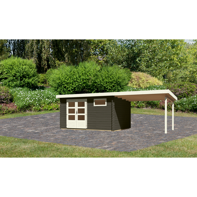 Bild von Gartenhaus-Set 'Rieneck 8' terragrau mit Anbaudach 405 x 333 x 222 cm